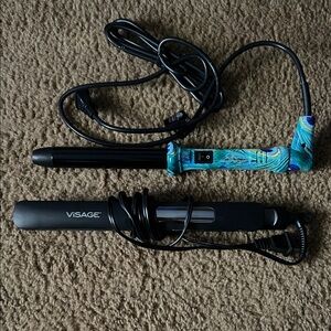 Visage Black Hair Straightener & Peacock-Print Curling Wand Set